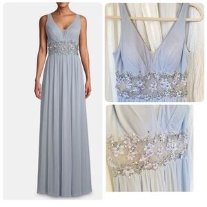 NEW Betsy Adam Light Blue Chiffon Evening Gown with Floral Beaded Waist sz 4